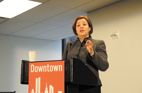 Quinn still bullish on storm protections 2 City Council Speaker Christine Quinn said it was time “to move beyond the endless academic discussions about hardening the exterior of New York City.” Downtown Express photo by Terese LoEb Kreuzer
