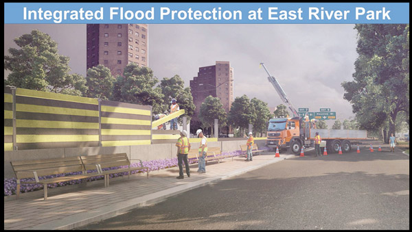 Mayor’s got a plan to protect Downtown from storms 3 Image courtesy of the Mayor’s Office Rendering of temporary barriers that could be erected near East River Park.