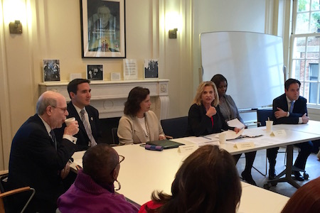 Krueger Suggests You Beat the NRA By Joining Them 2 The gun control forum hosted by Congressmember Carolyn Maloney included Harold Holzer (head turned) executive director of Hunter College’s Roosevelt House Public Policy Institute, City Councilmember Ben Kallos, the NYPD’s Susan Herman, Maloney, Public Advocate Letitia James, and Councilmember Dan Garodnick. | MANHATTAN EXPRESS