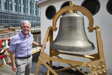 South Street Seaport Museum / James Keivom City Council Majority Leader Jimmy Van Bramer had the honor of chiming the Wavertree’s massive, 110-year-old, bronze bell to open the South Street Seaport Museum’s year-long celebration of its 50th anniversary.