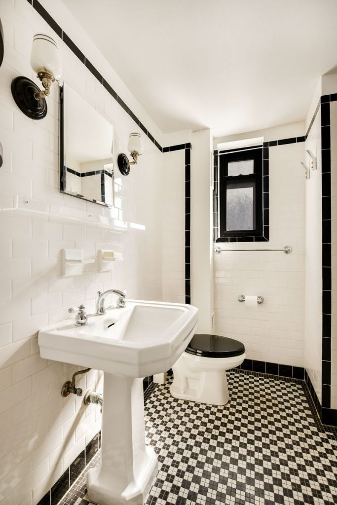 London Terrace: Charming — and that pool! 5 classic black-and-white tiled bathroom comes with this studio at 405 W. 23rd St
