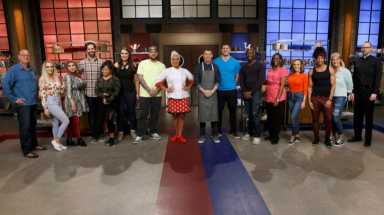 Mentors Anne Burrell and Bobby Flay with recruits including Adrian Read (third from the right) on "Worst Cooks in America," season 17.