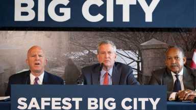 Police Commissioner James O'Neill, left, New York City Mayor Bill de Blasio, center, and NYPD First Deputy Commissioner Benjamin Tucker at Tuesday's crime statistics briefing.   Photo Credit: Charles Eckert