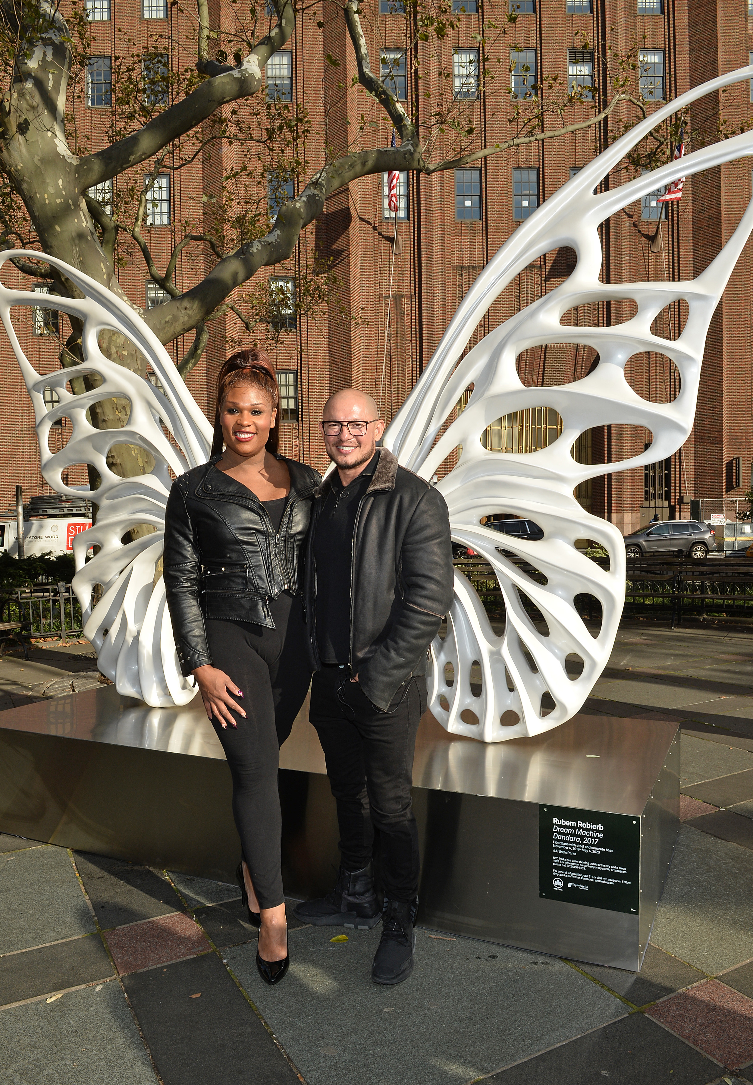 Sculpture dedicated to transgender community debuts in Tribeca Park 5 Peppermint and Rubem Robierb in front of the sculpture. (Photo by Noam Galai/Getty Images for Mastercard)