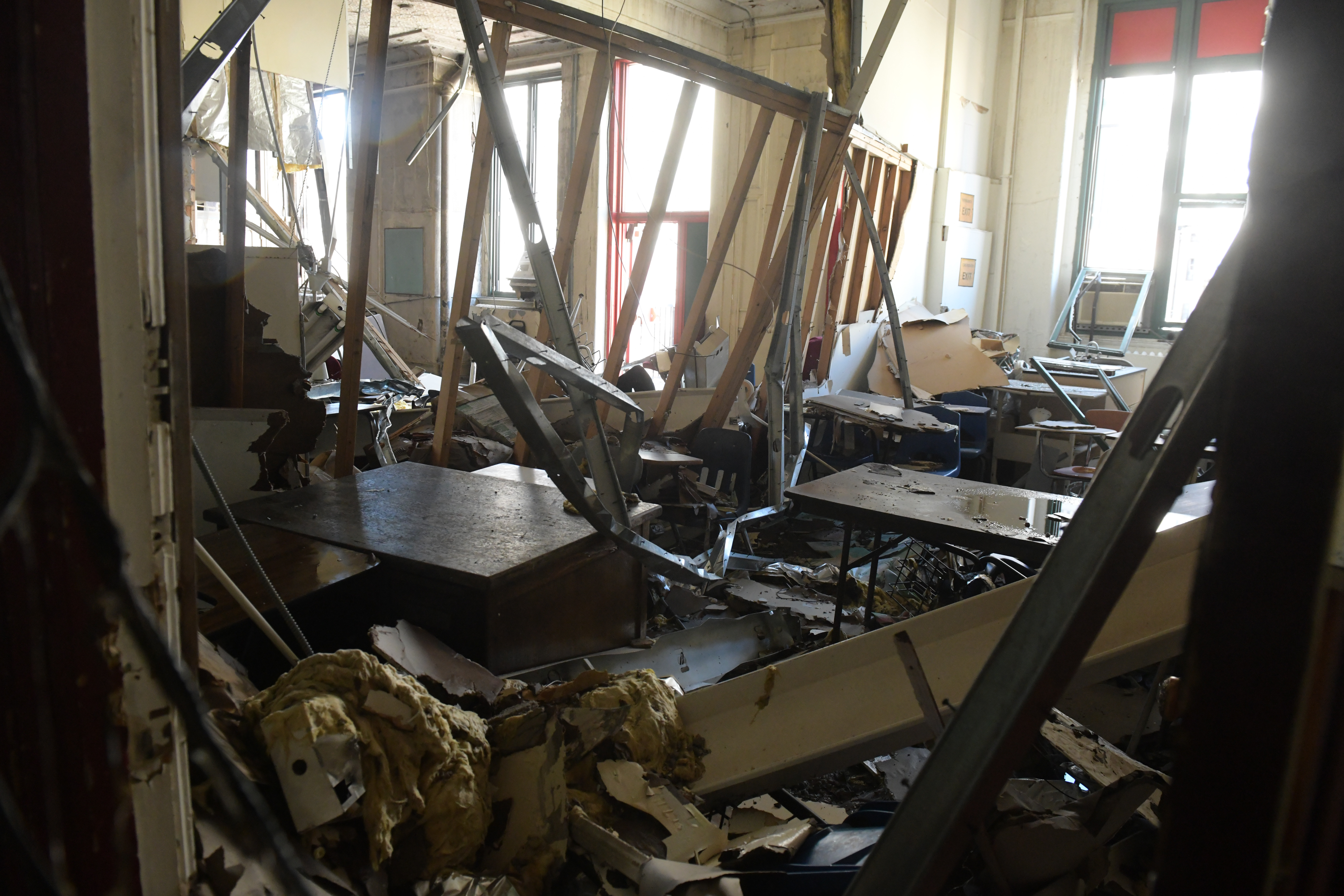 A classroom was heavily damaged in the fire. 
