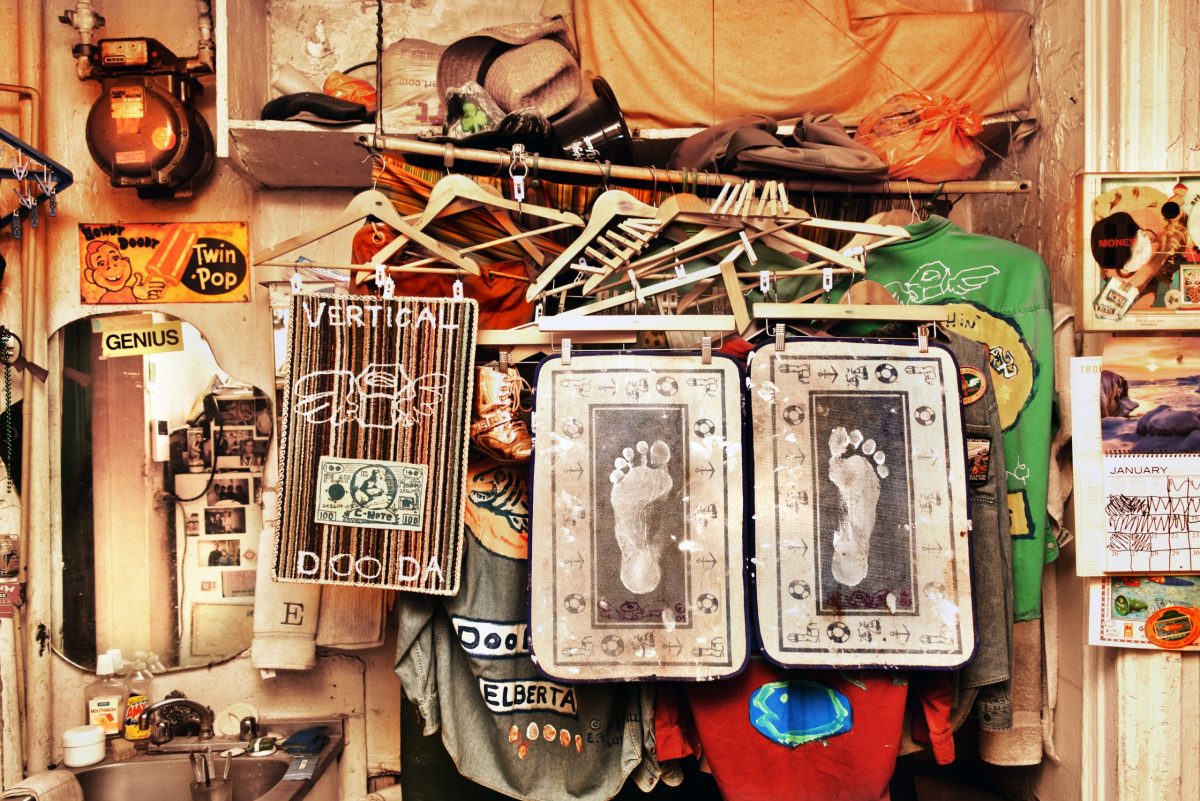 A profile of Ed Higgins, artist with unique marketing styles 3 Everything and the kitchen sink, in Ed Higgins' apartment.