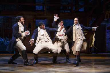 Hamilton0044rR Daveed Diggs, Okieriete Onaodowan, Anthony Ramos, and Lin-Manuel Miranda in Hamilton Photo by Joan Marcus