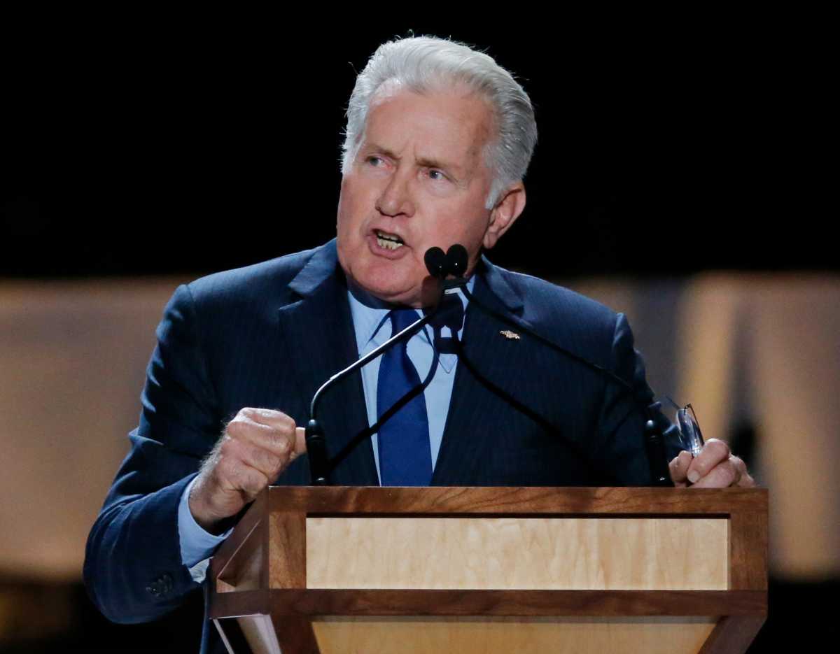 Actor Martin Sheen speaks inside Madison Square Garden where Pope Francis will give a mass later in the day in New York
