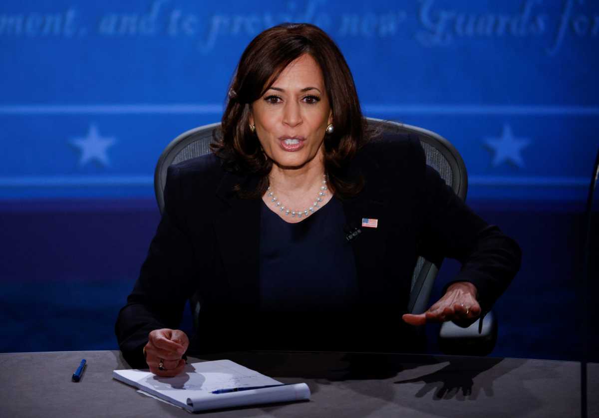 Democratic vice presidential nominee Senator Kamala Harris and U.S. Vice President Mike Pence participate in their 2020 vice presidential campaign debate in Salt Lake City