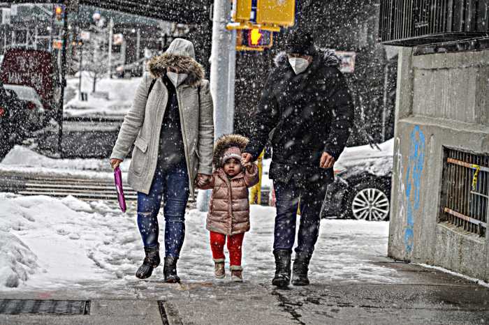 White Christmas: NYC sees light snowfall on Christmas Eve as Sanitation Department works to keep streets clear 3 A family trudges through the snowstorm in Williamsburg, Brooklyn on Feb. 7, 2021.