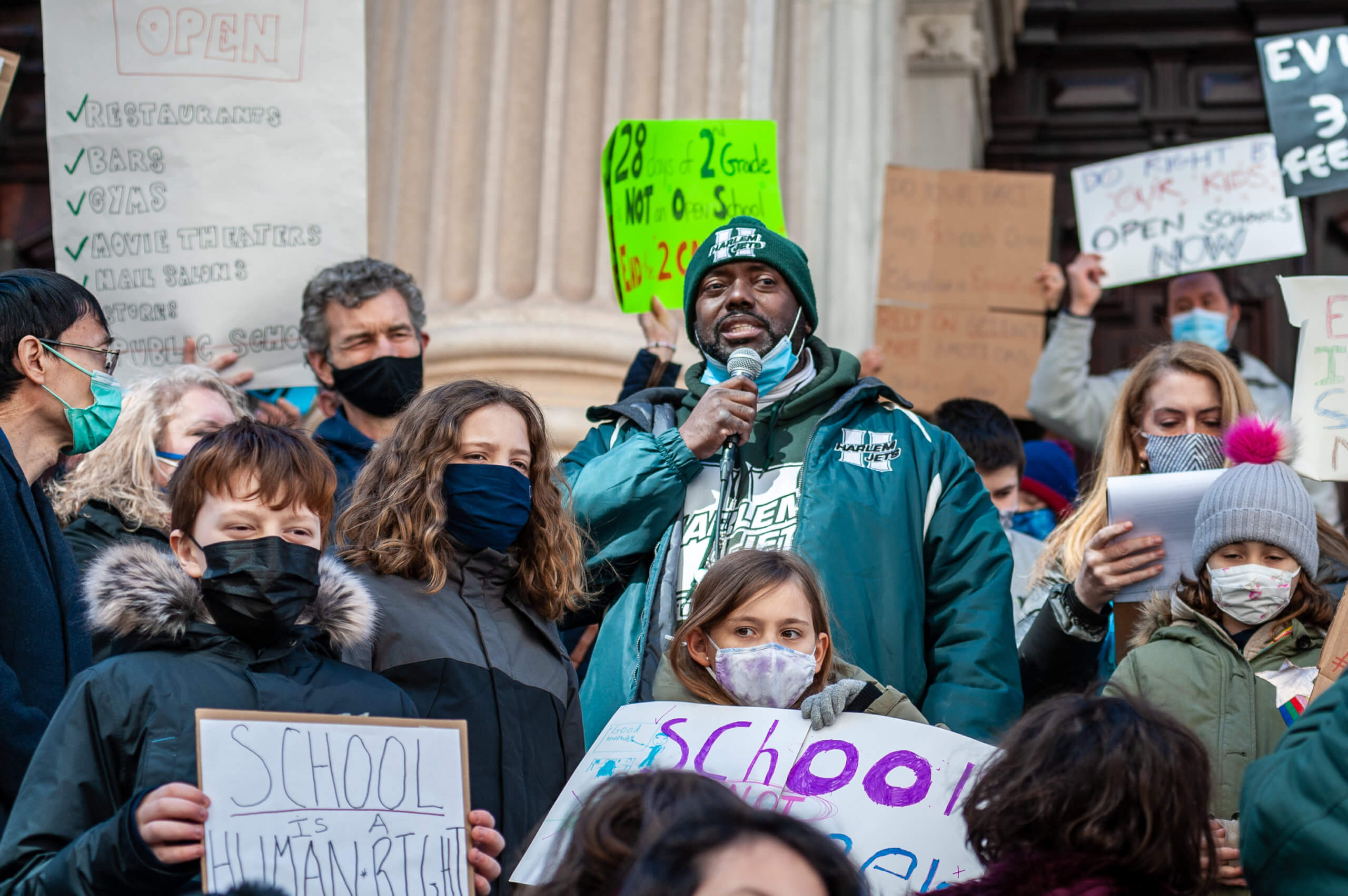 Parents, students and educators rally in Lower Manhattan for full reopening of NYC public schools 5 Harlem Jets coach Jarmel Wright speaks at a rally on the steps of the Tweed Courthouse demanding the reopening of NYC public schools.