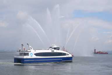 An NYC Ferry departs from St. George in Staten Island on Aug. 23, 2021.