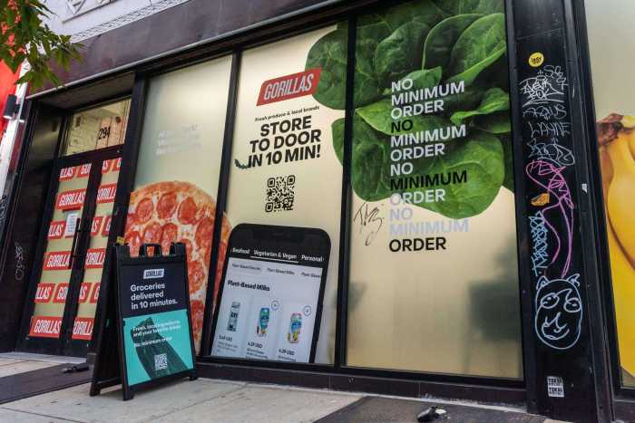 THE RACE TO DELIVER: How new grocery delivery apps are impacting New York's real estate market 11 The warehouse window display of the Gorillas grocery delivery service in Chinatown, which promises to deliver within 10 minutes.