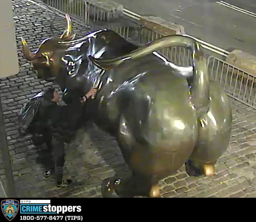 Homeless man cuffed for spreading hateful graffiti around Lower Manhattan 3 charging bull vandalism