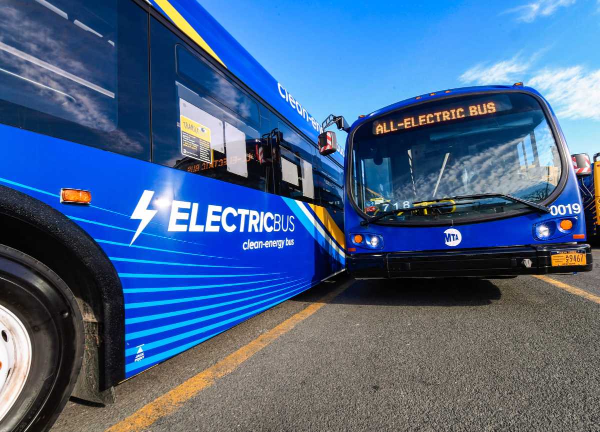 Electric MTA buses at the agency's Jamaica depot.
