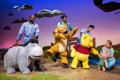 Emmanuel Elpenord as Eeyore, Chris Palmieri as Tigger, Jake Bazel as Pooh, and Kirsty Moon as Piglet