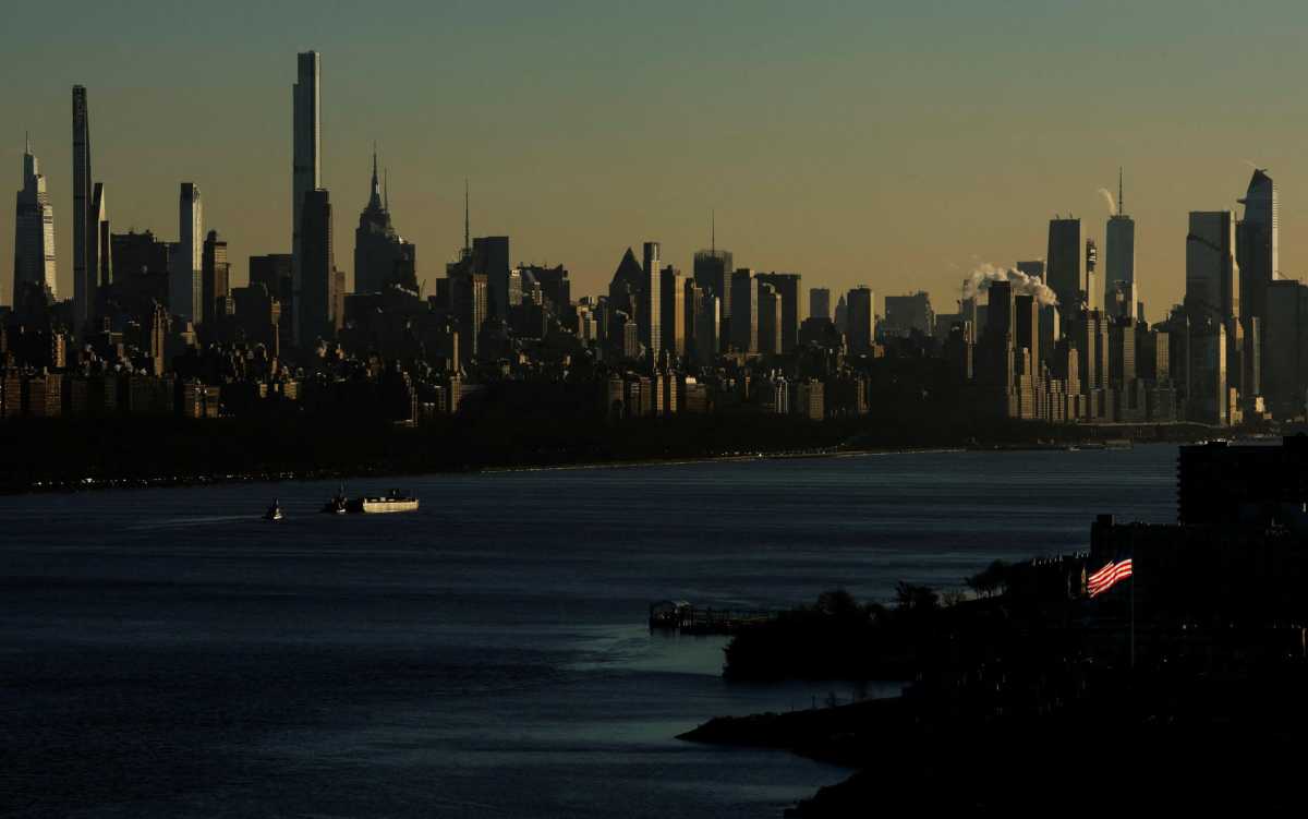 Manhattan skyline across the Hudson river during very cold weather in New York