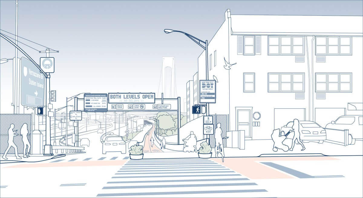 A 2019 proposal by Bike South Brooklyn to convert one vehicle lane of the Verrazzano Bridge into a pedestrian and bike path