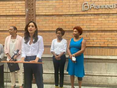 Carlina Rivera speaks at a press conference outside of a Manhattan Planned Parenthood after being endorsed by Council Speaker Adrienne Adams