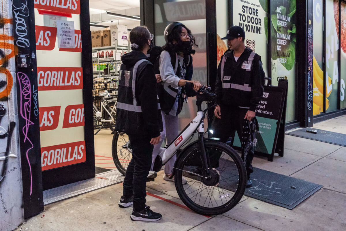 STILL RACING TO DELIVER: Catching up with the fast-changing world of 15-minute grocery delivery apps in NYC 6 gorillas delivery worker riding out of dark store