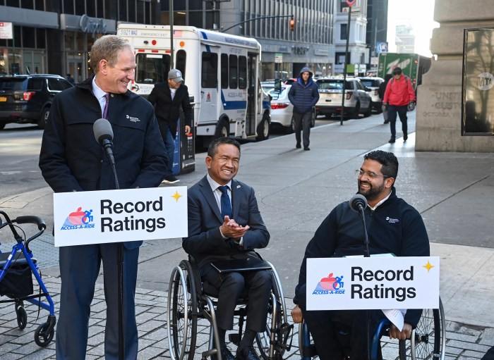MTA Chair Janno Lieber, paratransit chief Chris Pangilinan, and Chief Accessibility Officer Quemuel Arroyo