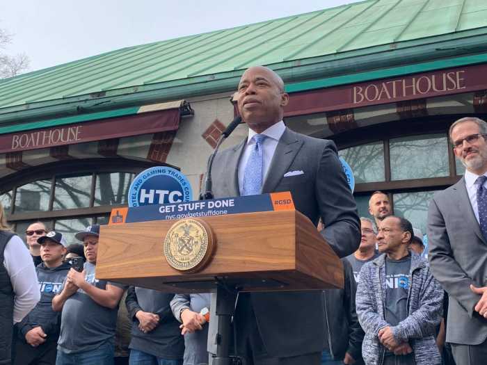 Mayor Eric Adams outside of the reopening of the Loeb Boathouse in Central Park.