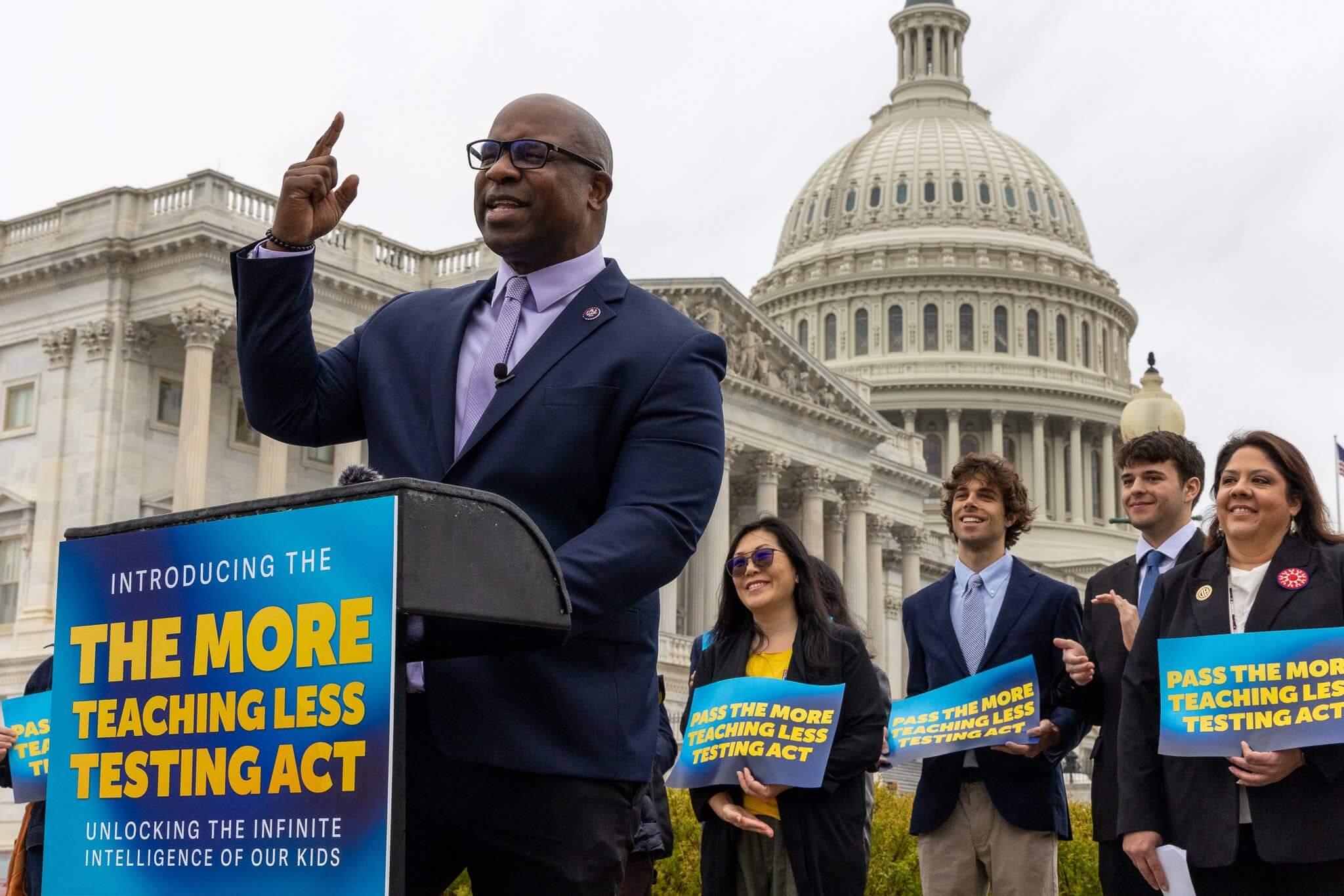 Coalition calls for boycott of upcoming standardized tests, touts new legislation offering testing alternatives 3 Congressman Jamaal Bowman introduced The More Teaching Less Testing Act in Washington, D.C.