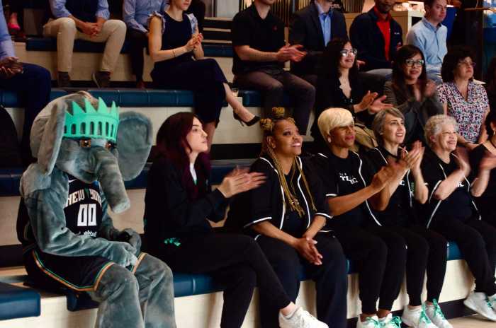Pep rally for New York Liberty in Midtown supports Food Bank's 'Women to Women' campaign 2 Keia Clarke, Dr. Mark Levy, Janice Robinson, Ellie the Elephant, Kara Coleman, and Alan Murray at the pep rally to kick start the New York Liberty season and donation round for women's hygiene kits at One Penn Plaza on Thursday, April 11, 2023.