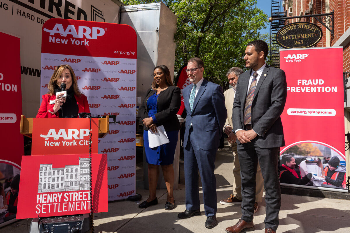 Beth Finkel, AARP New York state director, speaks at the kick-off of the AARP 'Fight Fraud.Shred it' event