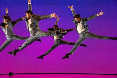 2. Left to right_ Peter John Chursin, Manuel Herrera, Yeman Brown, Jacob Guzman in Bob Fosse’s DANCIN’ at The Music Box Theatre. Photo by Julieta Cervantes