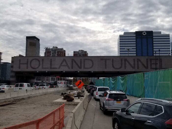 Drivers sit in traffic at the Jersey City entrance to the Holland Tunnel 