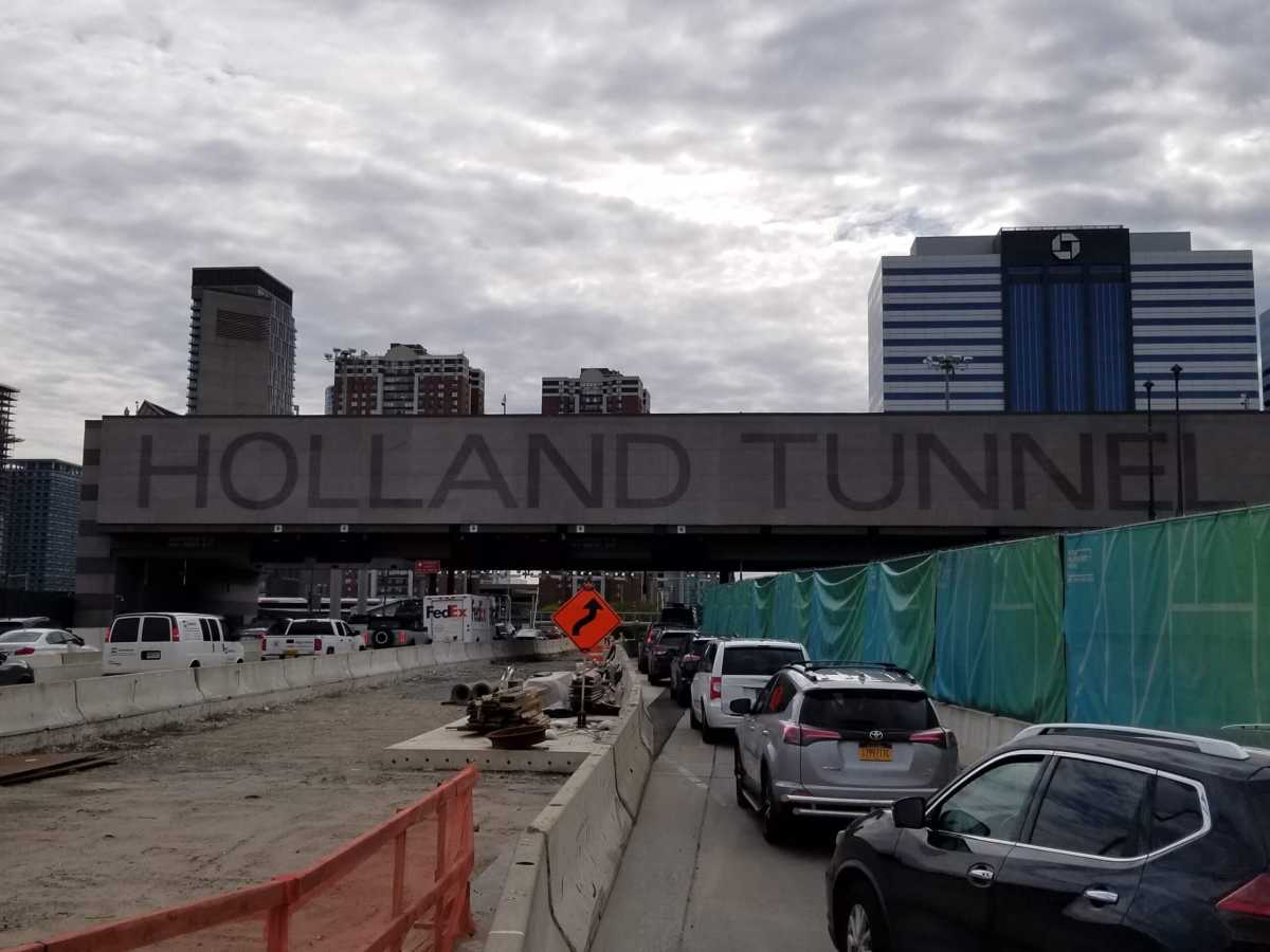 Drivers sit in traffic at the Jersey City entrance to the Holland Tunnel on May 9, 2023.