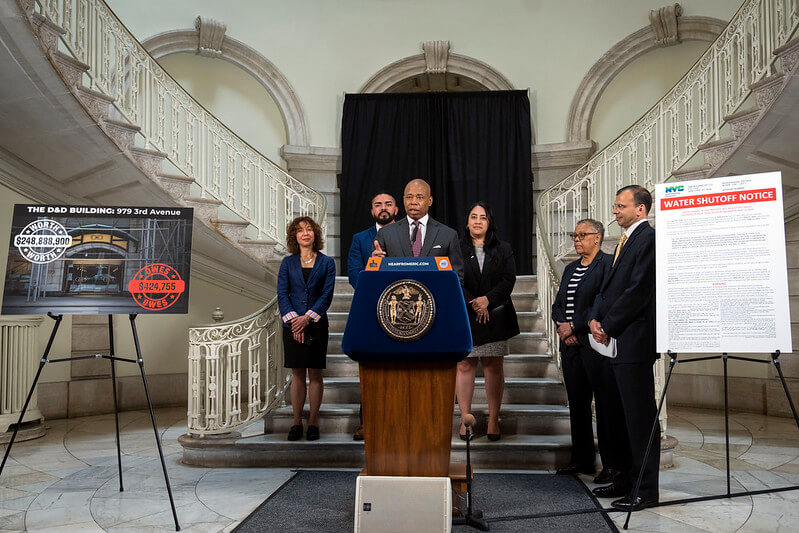 Mayor Eric Adams announces extension of water bill debt forgiveness program through May 31 at City Hall. Monday, May 1, 2023.