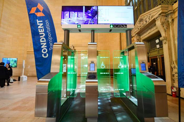 MTA reconfiguring subway turnstiles to prevent 'back-cocking' fare evasion practice 3 prototype fare array built by Conduent Transportation