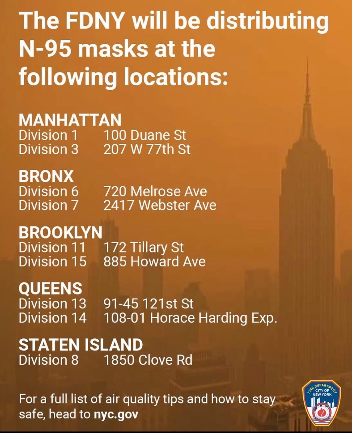 One million N95 masks are being distributed to New Yorkers: Hochul administration responds to hazardous smoke 3 The New York City Fire Department will be distributing N-95 masks at station