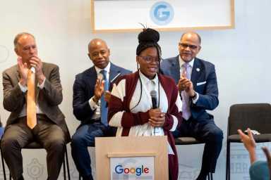 Faith Davenport, an 11th grader at at the High School for Youth and Community Development at Erasmus, shared her experience participating in the FutureReadyNYC program and working with Google to address the digital divide, at the Google Learning Hub in New York City on Wednesday, June 21, 2023.