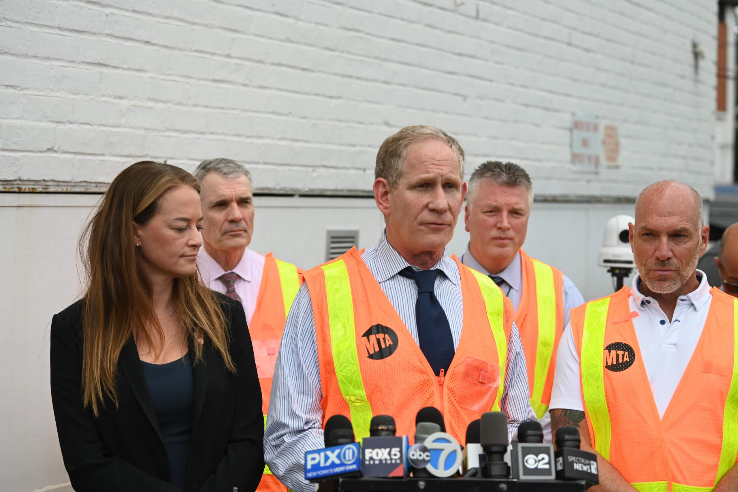 chairman and CEO of the MTA, and FDNY Commissioner Laura Kavanagh at a press conference in Jamaica Queens following a train derailment