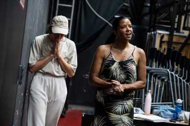 Jo Lampert and Renée Elise Goldsberry in rehearsal for "The Tempest" at the Delacorte Theatre