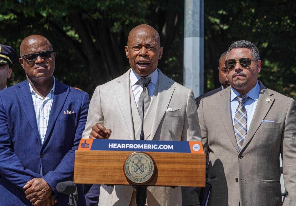 Mayor Eric Adams and Police Commissioner Edward Caban speak about auto theft in Queens