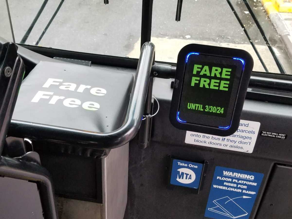 The OMNY reader and MetroCard slot have been covered up on the five free bus routes.
