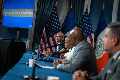 Mayor Eric Adams and DOE Chancellor David Banks provide an update on the city’s back to school safety preparations at City Hall on Friday, Sept. 1, 2023.