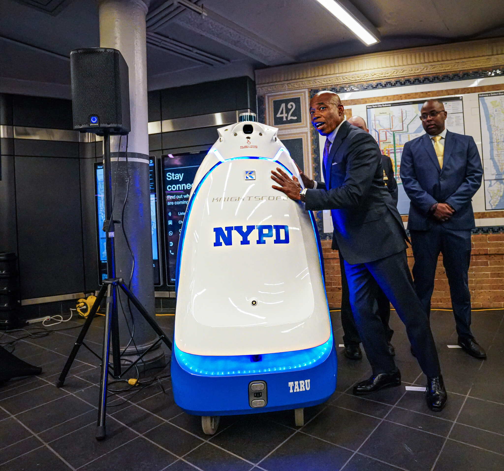 Mayor Adams, NYPD deploy 'RoboCop' for 2 month pilot in Times Square subway station 6 Mayor Eric Adams showing the difficulty of pushing over the K5 robot the NYPD will be piloting in the 42nd Street Times Square station.