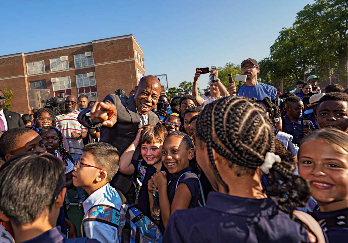 Mayor Eric Adams celebrates the first day back to school at P.S. 121 The Throop School in the Bronx on Thursday, Sept. 7, 2023.