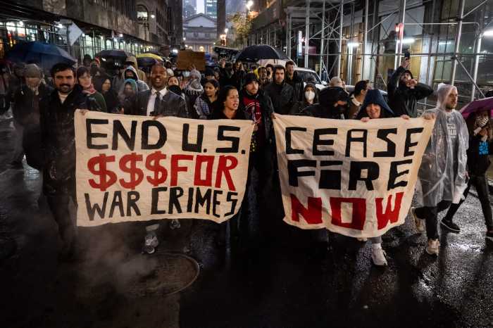 Hundreds of pro-Palestinian protestors rally outside U.S. Sen Gillibrand's office, scores arrested 3 Pro-Palestinian protesters, led by several New York elected officials march to U.S. Sen Gillibrand's office in Manhattan on Oct. 20, 2023.