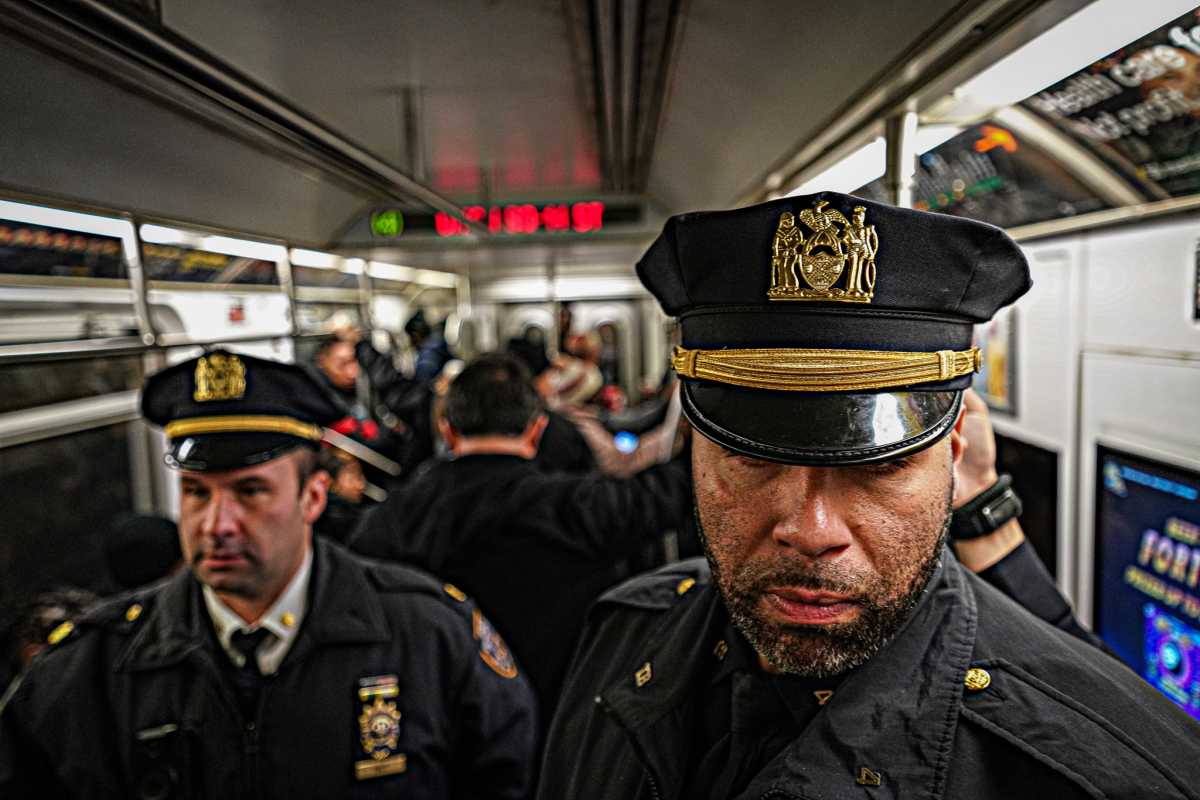 NYPD transit cops riding train in Manhattan
