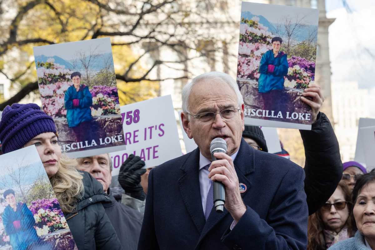 City Council Member Robert Holden speaks at a rally deamnding a hearing on Intro 0758 at a rally outside City Hall on Dec. 6, 2023.