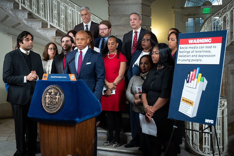 Mayor Eric Adams announces city lawsuit against social media giants