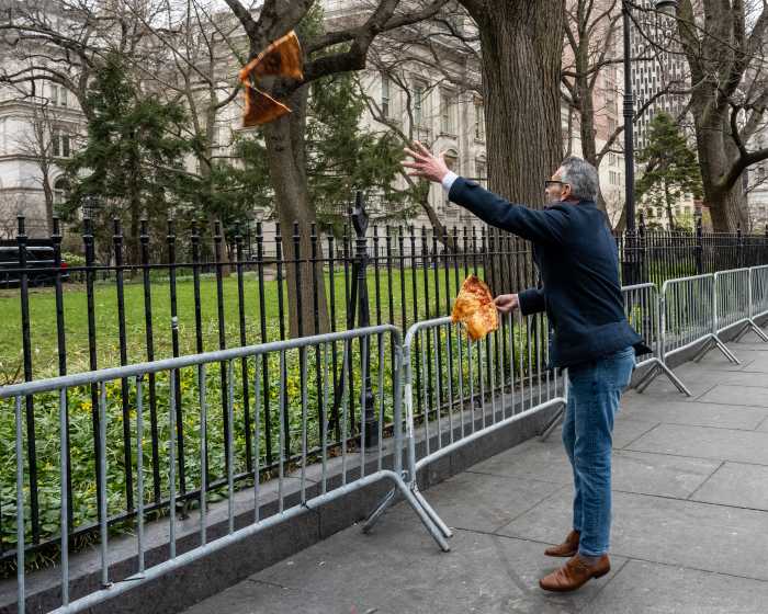 Staten Island man flings pizza at City Hall to make point about environmental rules 3 Staten Island man throws pizza slice over City Hall gate