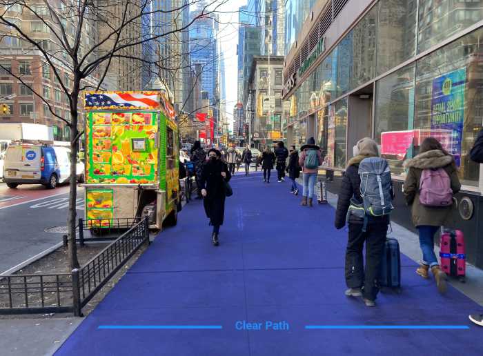 Squish! NYC sidewalks to get jam packed if a new bill is passed, business group says 9 graphic of NYC street in the daytime with a street vendor parked by curb