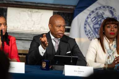 Mayor Eric Adams said he is has a "glass half-full" outlook on the tentative state budget deal Gov. Kathy Hochul announced on Monday. Tuesday, April 16, 2024.